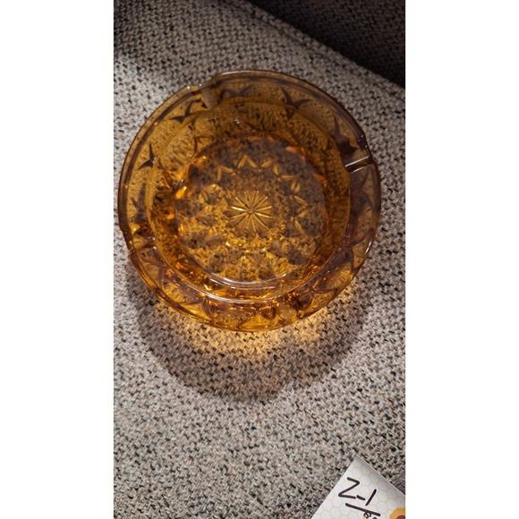 Vintage Round Amber Cut Glass Ashtray Cigarette or Trinket Dish 6-1/8" D - Picture 2 of 5